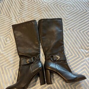 ANTONIO MELANI Black Leather Mid-Calf Heeled Boots with Buckle